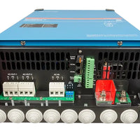 Power inverter with blue top and black bottom on a white background