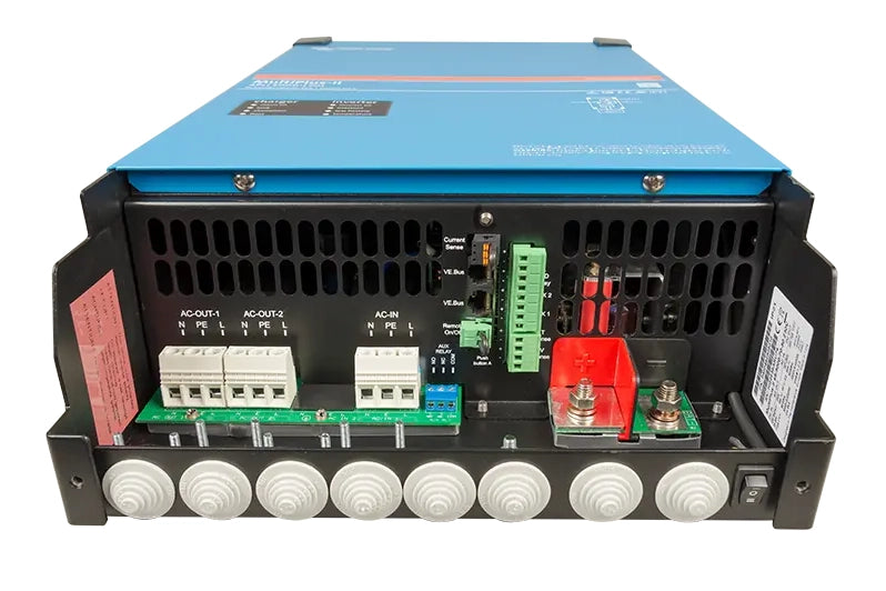 Power inverter with blue top and black bottom on a white background