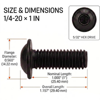 Orion Van Gear black 316 stainless steel 1/4-20 flanged button head socket screw, 1 in length dimensions.
