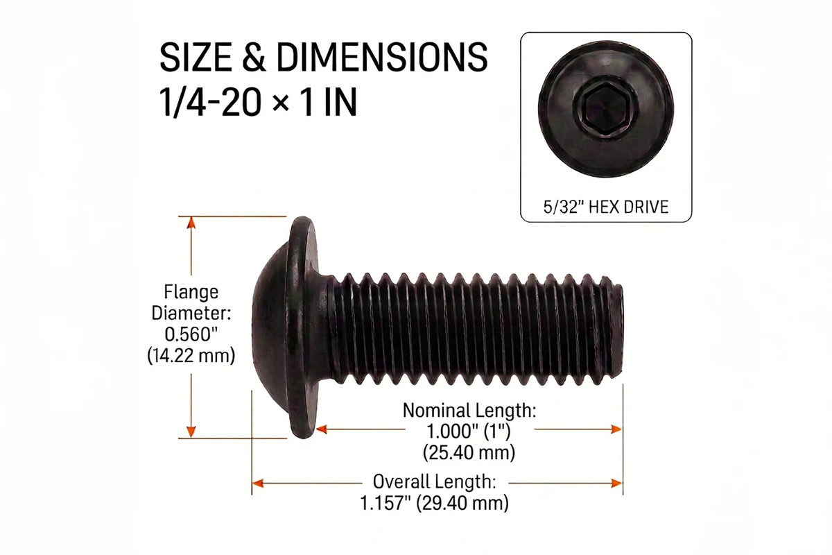 Orion Van Gear black 316 stainless steel 1/4-20 flanged button head socket screw, 1 in length dimensions.