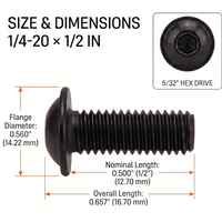 Orion Van Gear black 316 stainless steel 1/4-20 flanged button head socket screw, 1/2 in length dimensions.