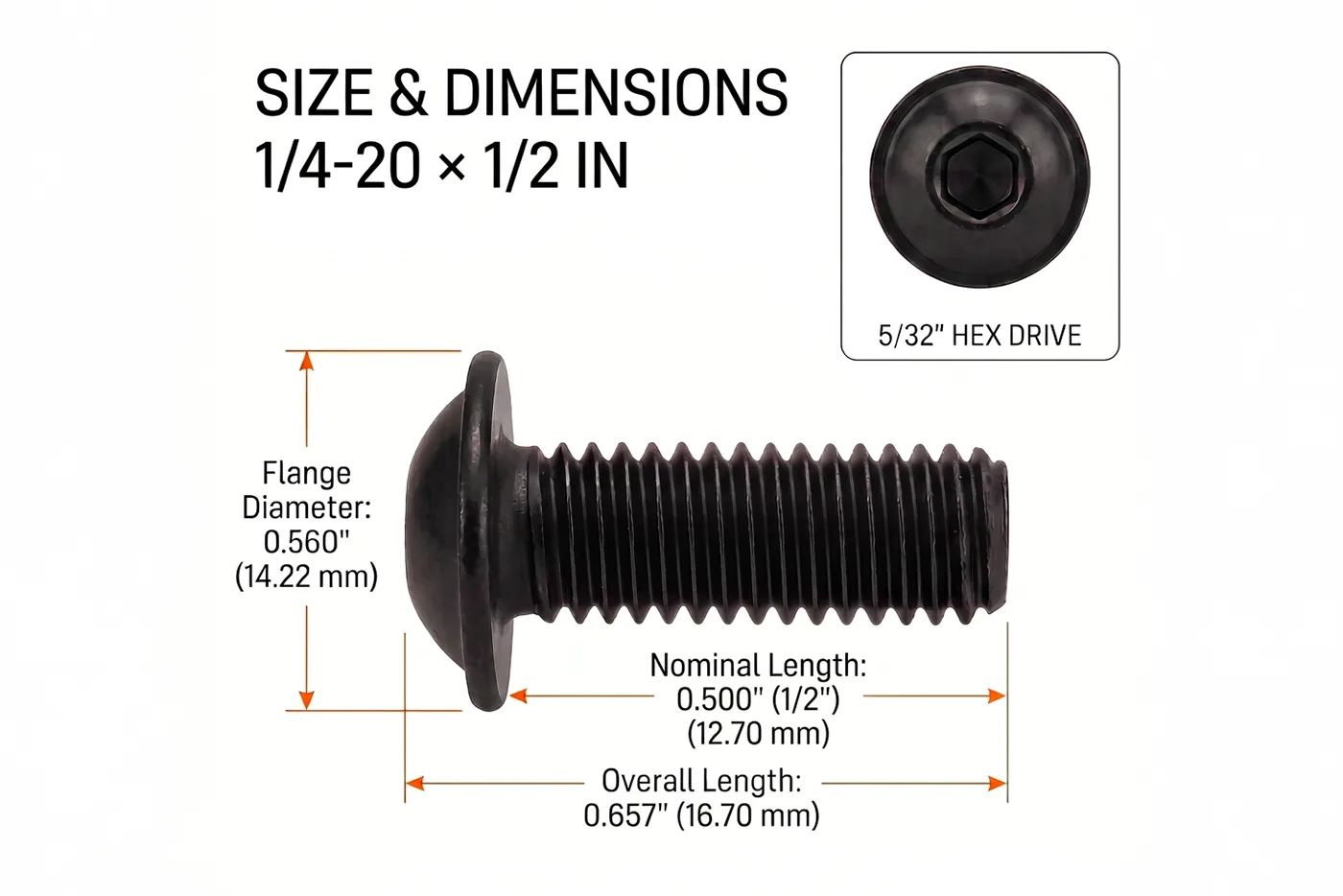 Orion Van Gear black 316 stainless steel 1/4-20 flanged button head socket screw, 1/2 in length dimensions.