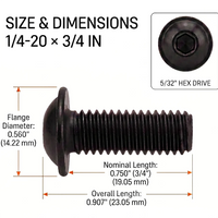 Orion Van Gear black 316 stainless steel 1/4-20 flanged button head socket screw, 3/4 in length dimensions.