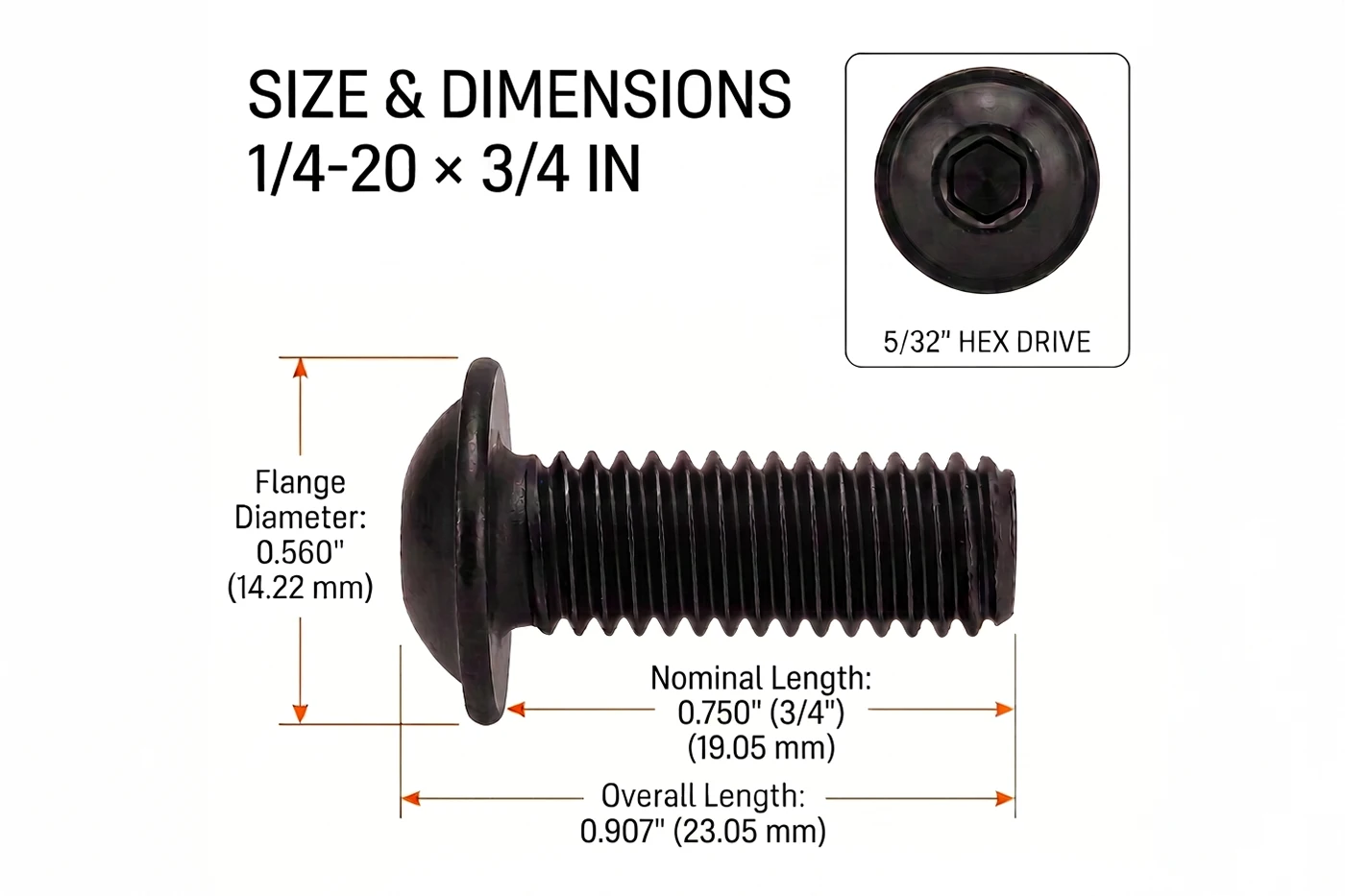 Orion Van Gear black 316 stainless steel 1/4-20 flanged button head socket screw, 3/4 in length dimensions.