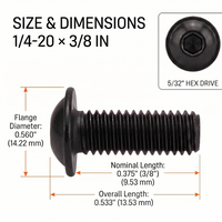 Orion Van Gear black 316 stainless steel 1/4-20 flanged button head socket screw, 3/8 in length dimensions.