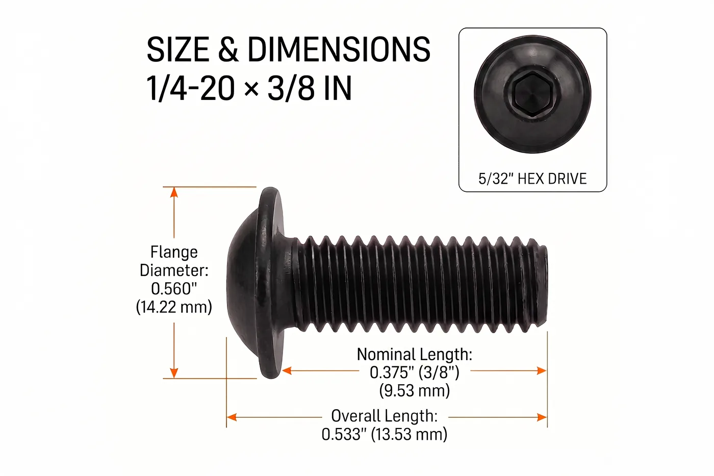 Orion Van Gear black 316 stainless steel 1/4-20 flanged button head socket screw, 3/8 in length dimensions.