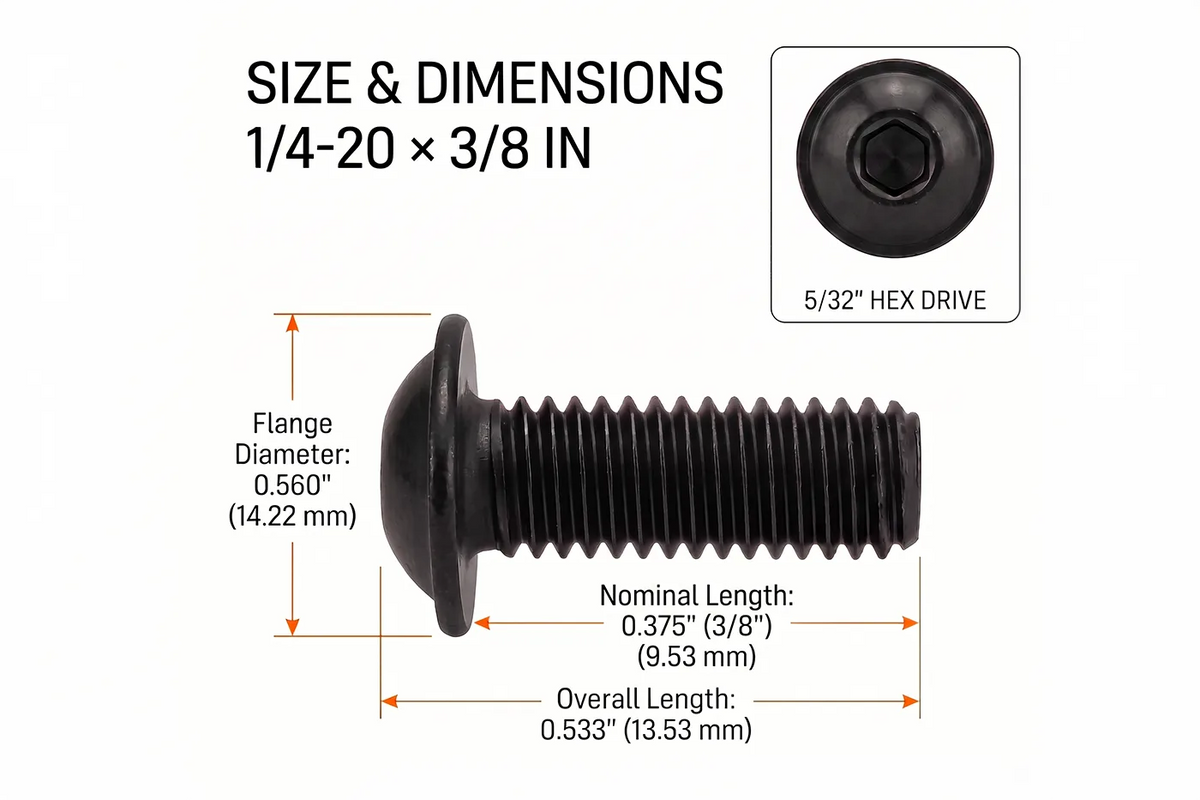 Orion Van Gear black 316 stainless steel 1/4-20 flanged button head socket screw, 3/8 in length dimensions.