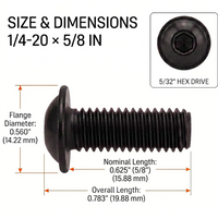 Orion Van Gear black 316 stainless steel 1/4-20 flanged button head socket screw, 5/8 in length dimensions.