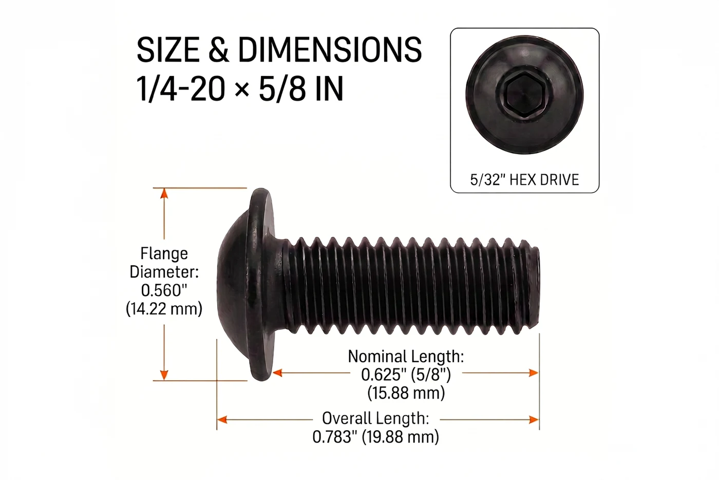 Orion Van Gear black 316 stainless steel 1/4-20 flanged button head socket screw, 5/8 in length dimensions.