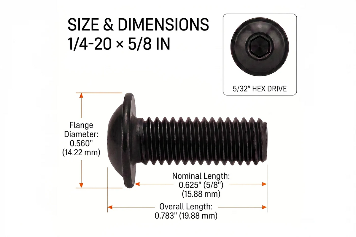 Orion Van Gear black 316 stainless steel 1/4-20 flanged button head socket screw, 5/8 in length dimensions.