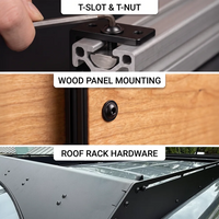 Orion Van Gear black 316 stainless steel 1/4-20 flanged button head socket screws shown in common applications including T-slot and T-nut assemblies, wood panel mounting, and roof rack hardware.