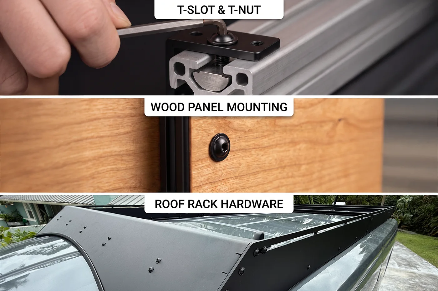 Orion Van Gear black 316 stainless steel 1/4-20 flanged button head socket screws shown in common applications including T-slot and T-nut assemblies, wood panel mounting, and roof rack hardware.