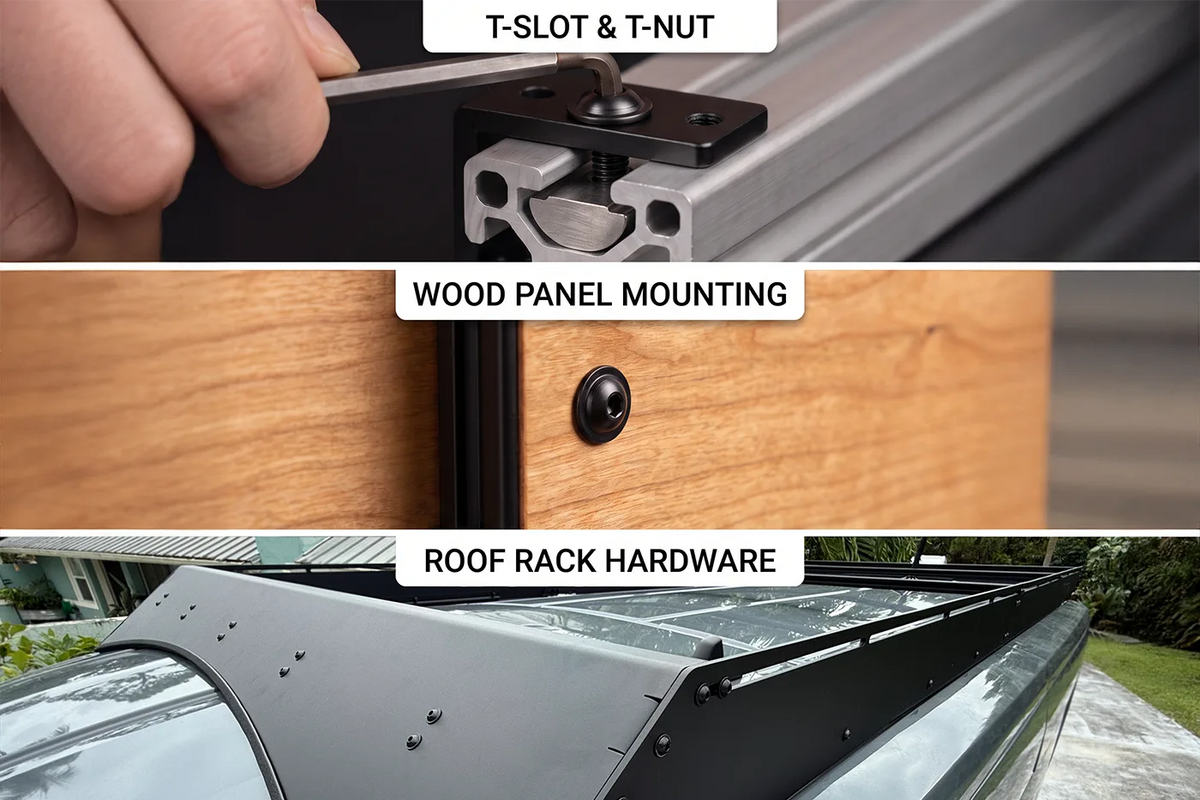 Orion Van Gear black 316 stainless steel 1/4-20 flanged button head socket screws shown in common applications including T-slot and T-nut assemblies, wood panel mounting, and roof rack hardware.