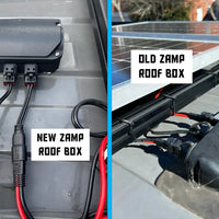 Image comparing the new vs old zamp solar entry box on winnebago solis pocket roof 