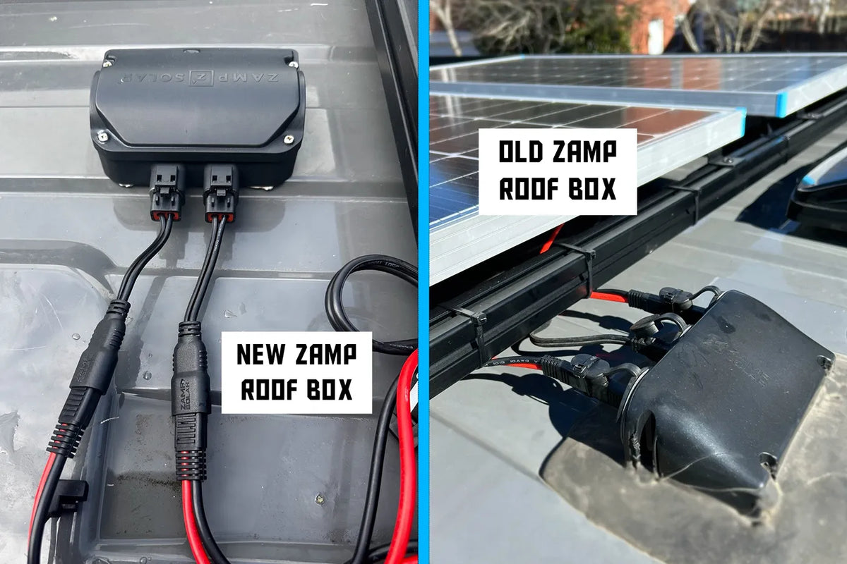 Image comparing the new vs old zamp solar entry box on winnebago solis pocket roof 
