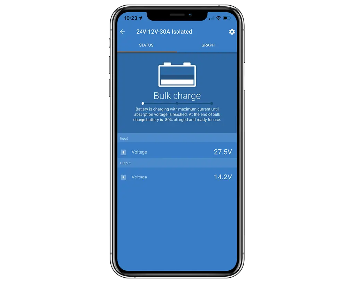 Smartphone displaying a battery charging app with blue background and white text.