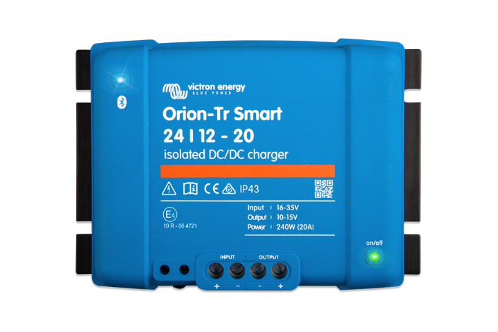 Blue Victron Energy Orion-Tr Smart DC/DC charger with text and branding.
