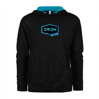 A black hoodie with a turquoise hood and antique brass metal eyelets, featuring a jersey-lined hood and 1x1 ribbed cuffs and waistband.