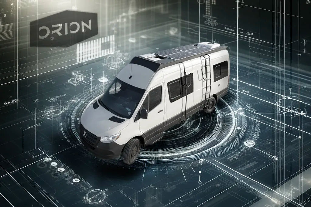 Sprinter Van with solar panels on a digital interface background, featuring the brand 'Orion'.