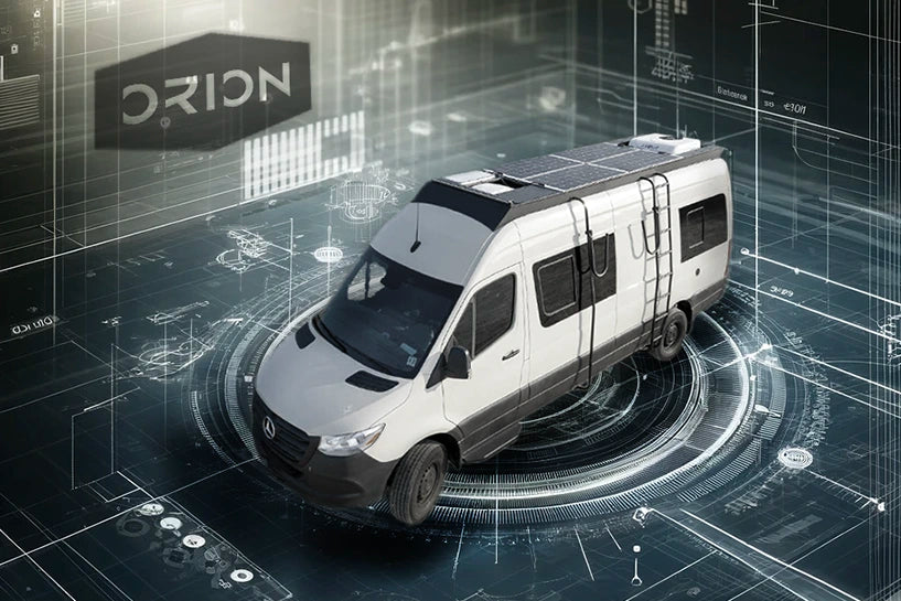 White sprinter van with solar panels on a digital background featuring the Orion logo