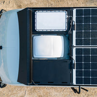 Orion roof rack with starlink deck panels maxxfan 7500k and walkable solar panels