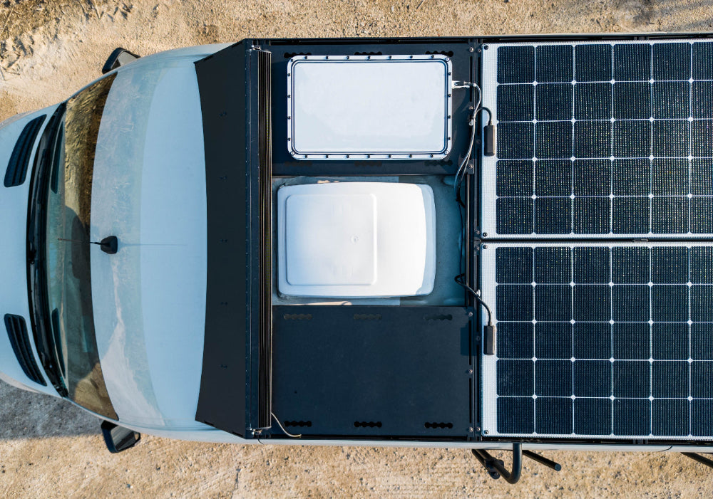 Orion roof rack with starlink deck panels maxxfan 7500k and walkable solar panels