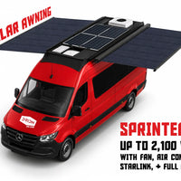 Red sprinter 170 van with two solar awnings,  orion van gear roof rack, fan, solar, 2100w solar