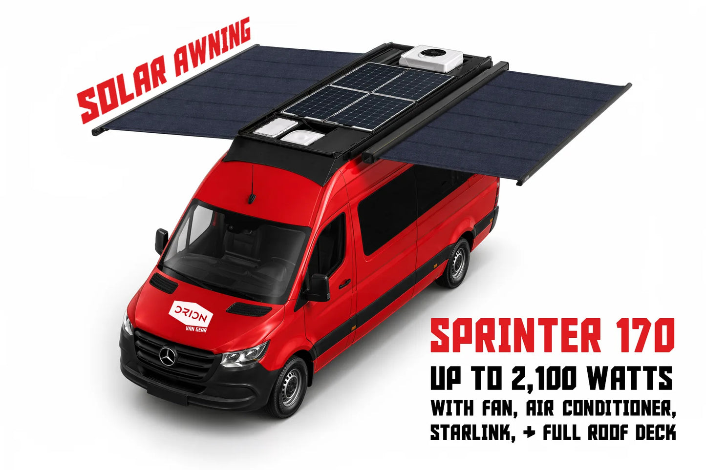 Red sprinter 170 van with two solar awnings,  orion van gear roof rack, fan, solar, 2100w solar