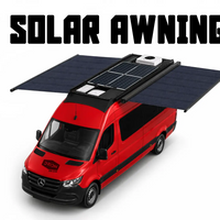 Red sprinter van with two solar awnings on a white background
