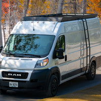 Ram Promaster roof rack by Orion Van Gear, featuring the versatile Stealth+ design for solar panels, decking, and accessories, made in the USA.