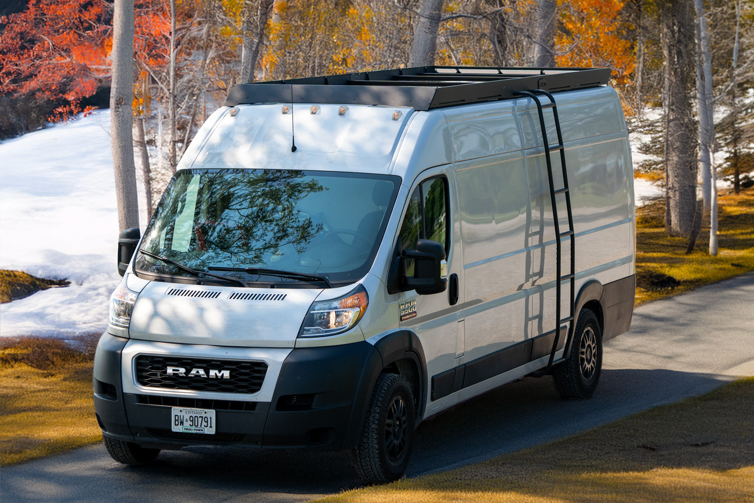 Ram Promaster roof rack by Orion Van Gear, featuring the versatile Stealth+ design for solar panels, decking, and accessories, made in the USA.