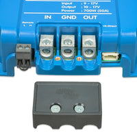 Victron Orion XS 12/12-50A DC-DC battery charger terminals, remote on/off connector and VE.Direct port with cover removed