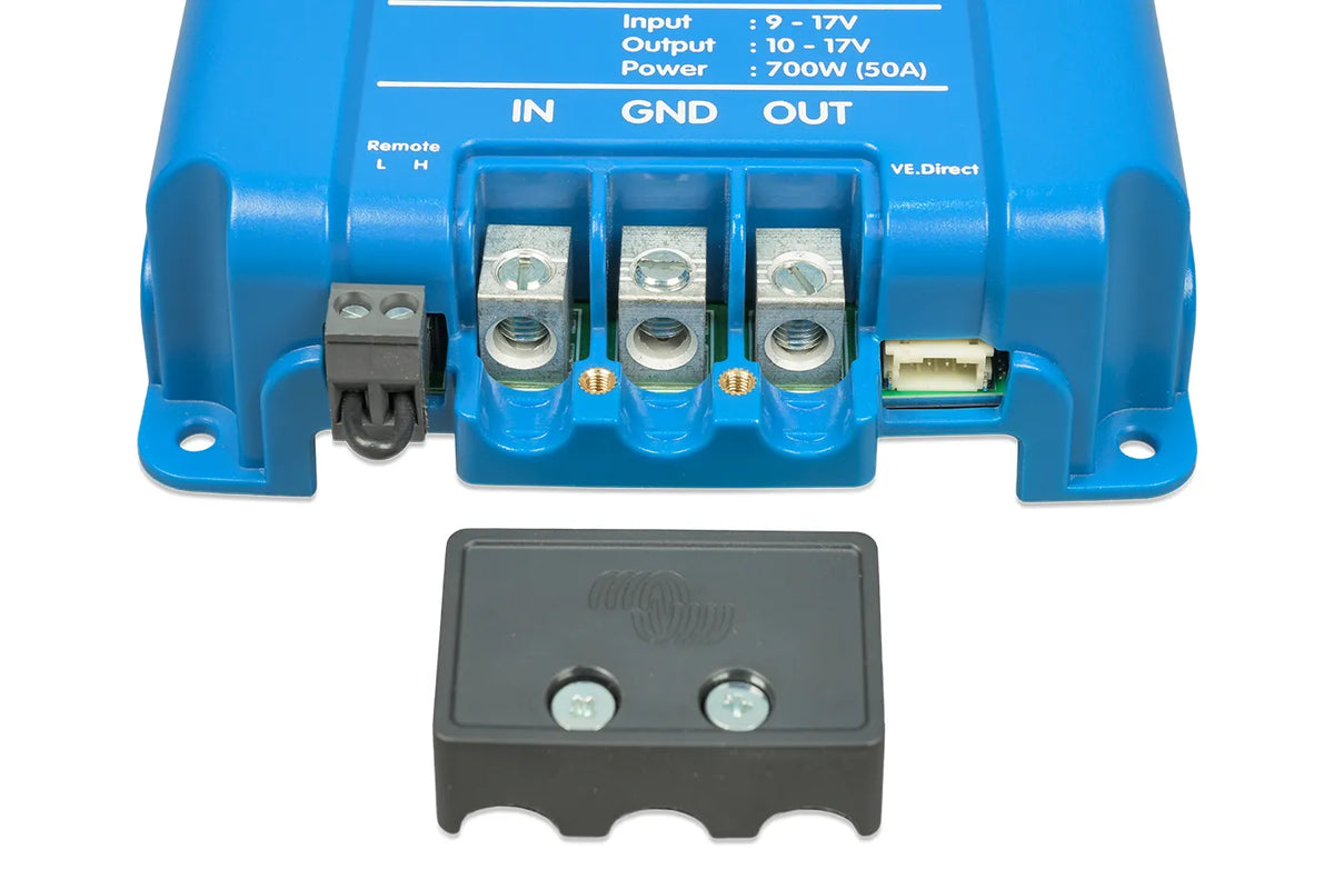 Victron Orion XS 12/12-50A DC-DC battery charger terminals, remote on/off connector and VE.Direct port with cover removed