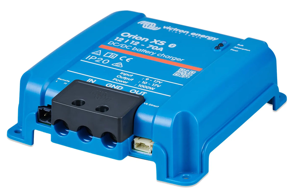 Victron Orion XS 12/12-70A DC-DC battery charger viewed from the bottom right corner