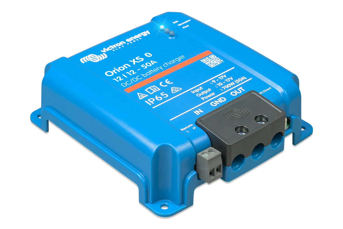 Victron Orion XS 12V DC-DC battery charger viewed from the front left corner