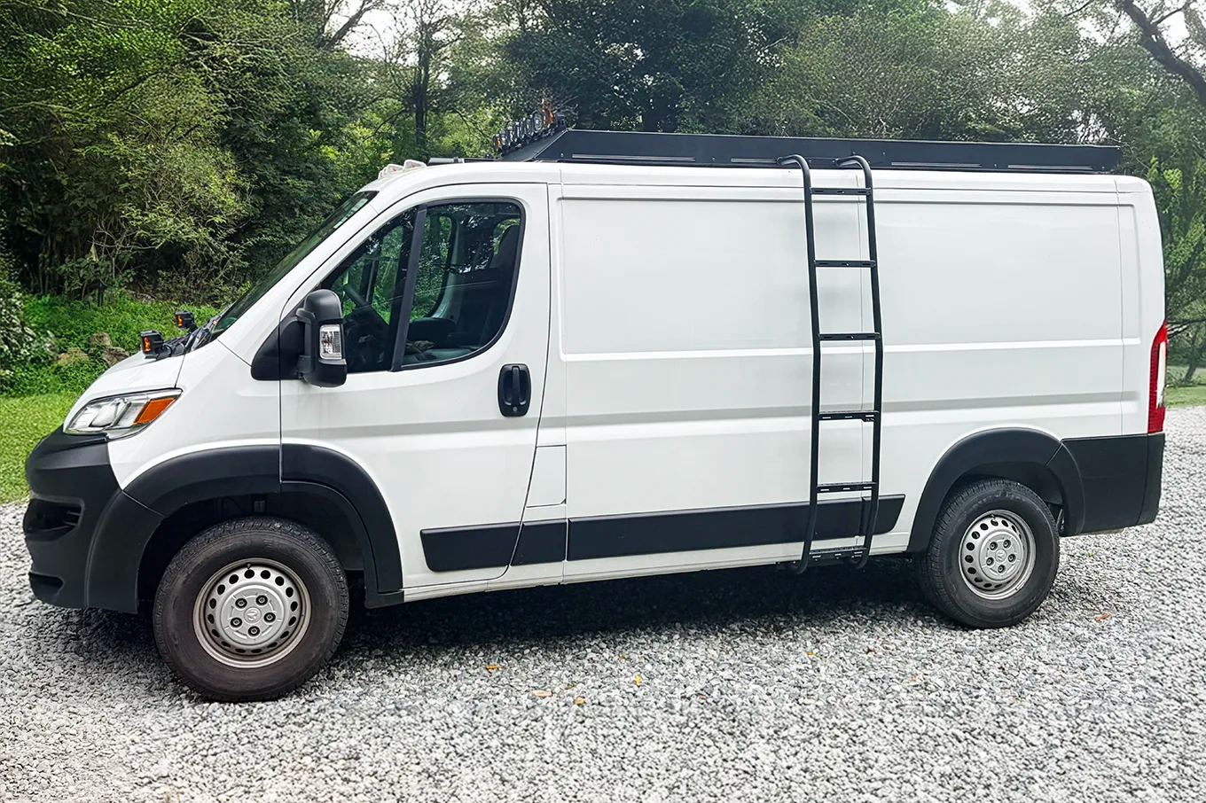 136 low roof ram promaster with orion van gear roof rack and side ladder on gravel