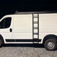A white promaster cargo van parked outdoors at night on gravel, with a black orion side ladder attached vertically along the side door and a black orion stealth+roof rack visible above.