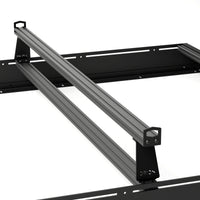 Orion Riser Bars top-down view – precision-cut brackets and extruded crossbars designed for modular van roof rack systems.
