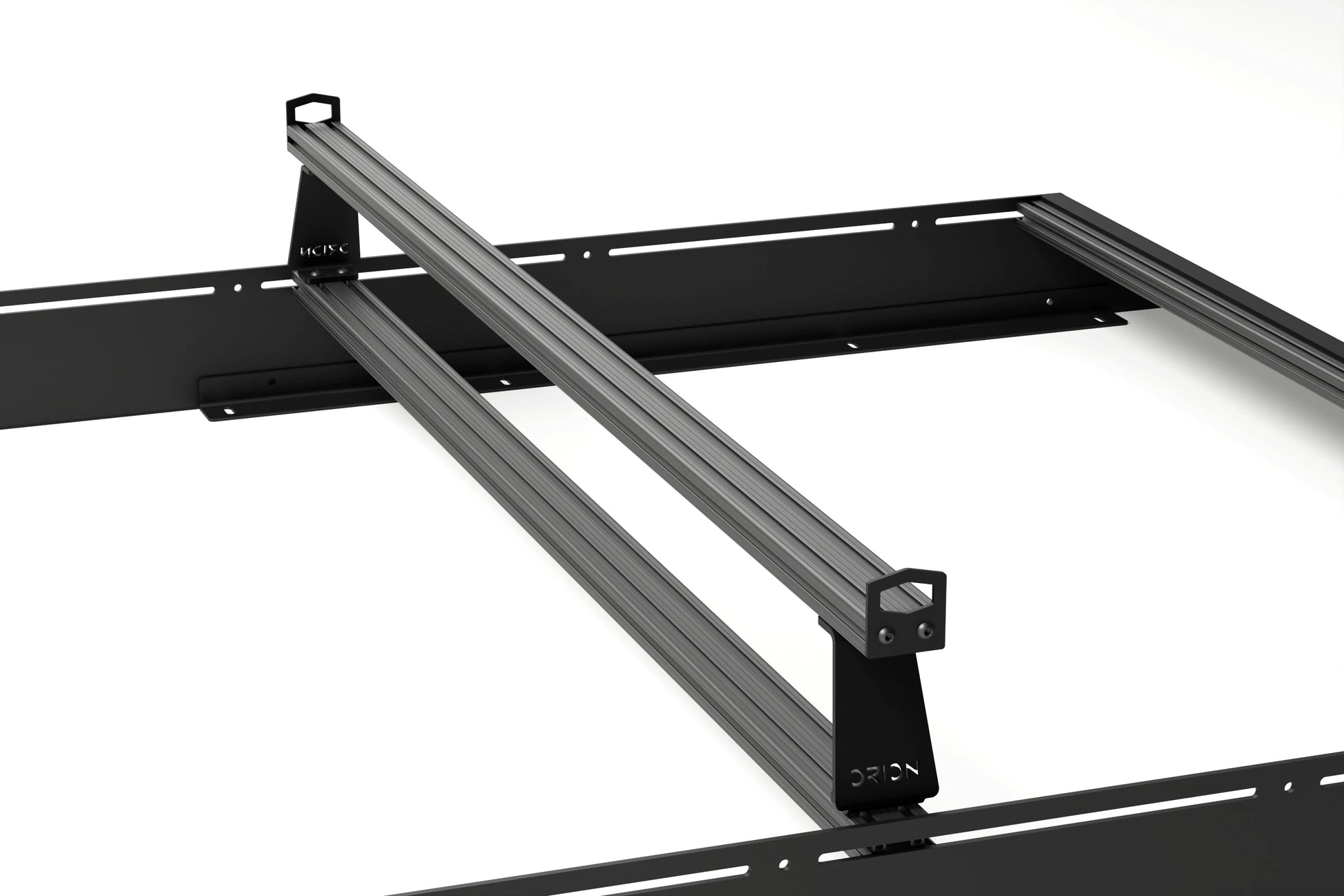 Orion Riser Bars top-down view – precision-cut brackets and extruded crossbars designed for modular van roof rack systems.