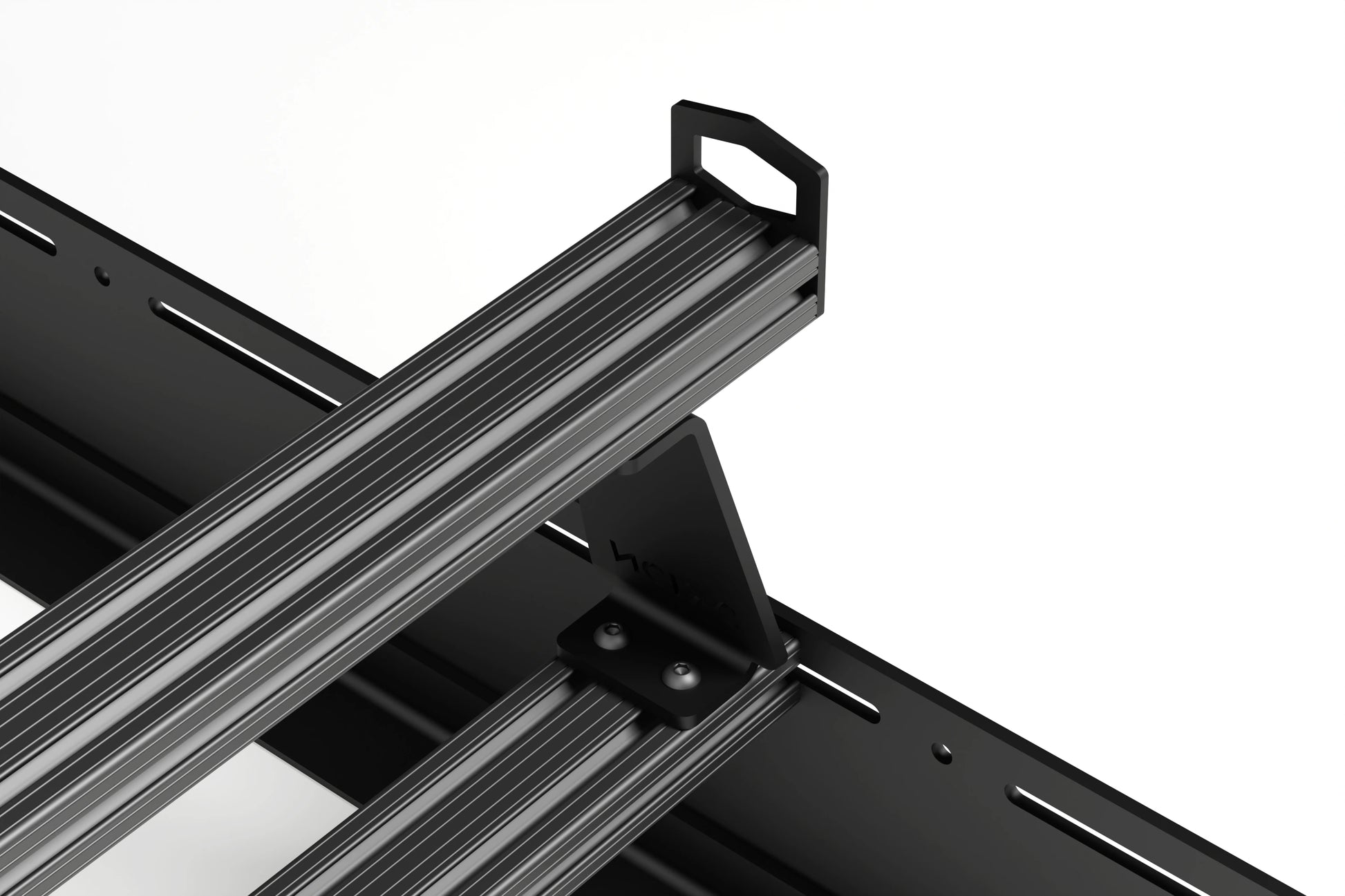 Orion Riser Bar mounted on crossbar sprinter rack with end cap tie down for extra clearance 