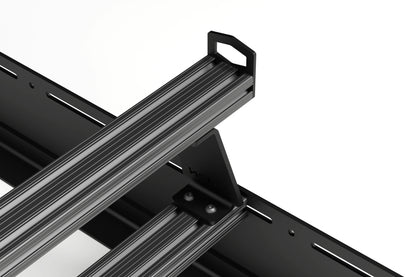 Orion Riser Bar mounted on crossbar sprinter rack with end cap tie down for extra clearance 