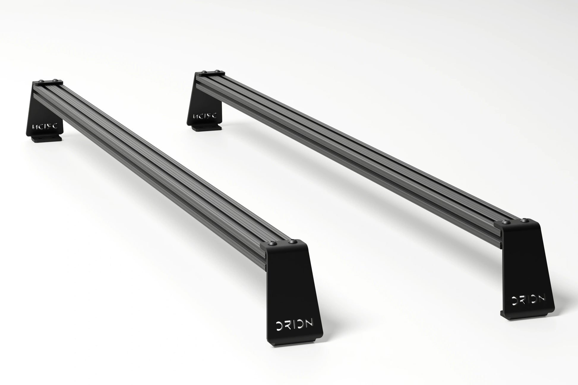 Orion Riser Bar Kit undermount configuration – crossbars installed below riser brackets for lower profile fit on Stealth+ roof racks.
