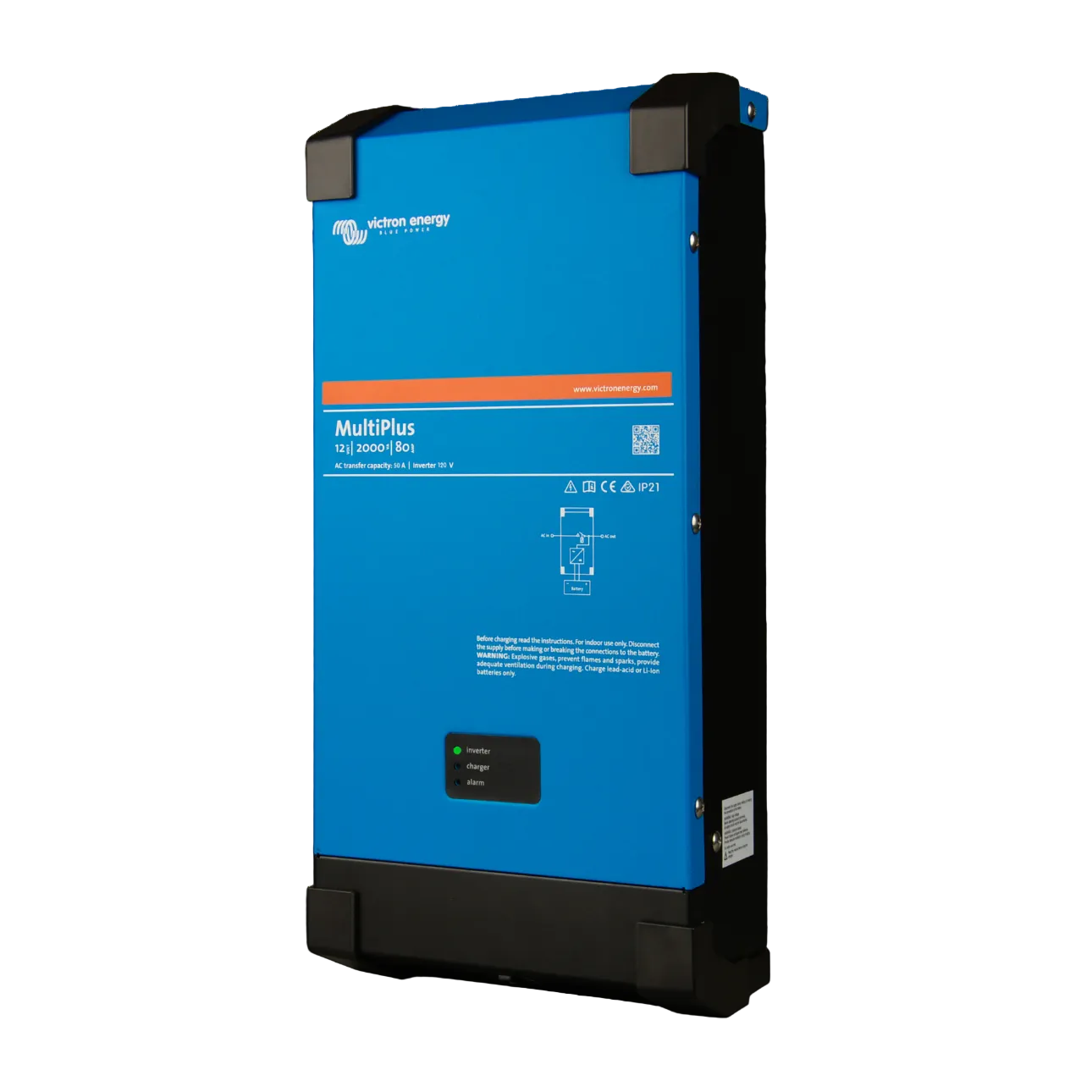 Blue and black Victron Energy MultiPlus power station on a white background