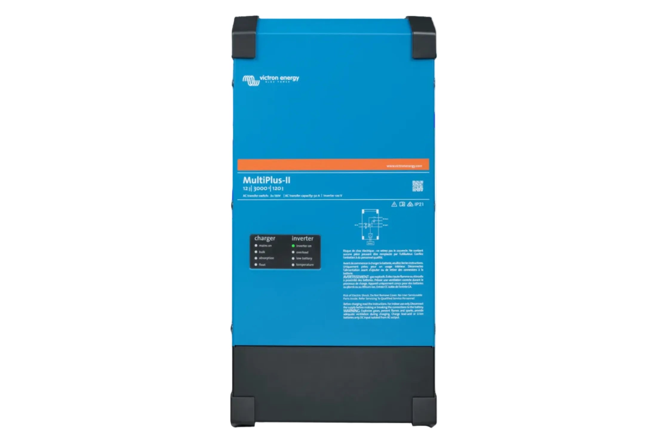 Blue electronic device with black accents and Victron Energy branding on a white background