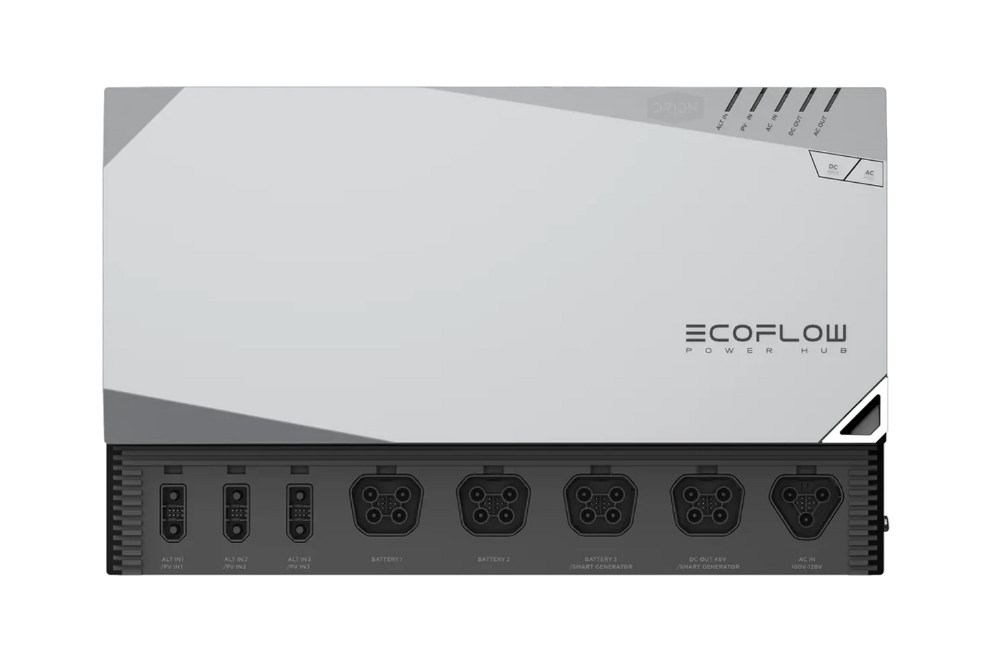 Front view of the EcoFlow Power Hub 5kVA unit with labeled power input and output ports.