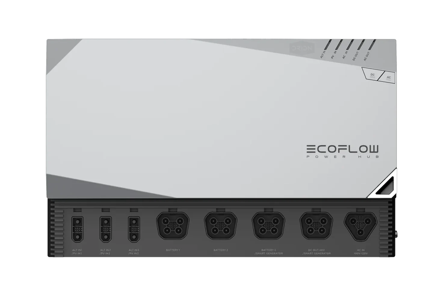 Front view of the EcoFlow Power Hub 5kVA unit with labeled power input and output ports.