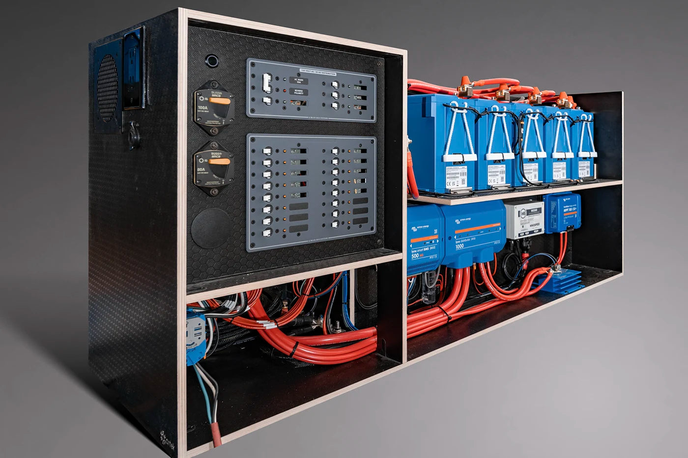 Electrical panel with blue batteries and wiring on a gray background