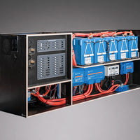 Electrical panel with blue batteries and wiring on a gray background