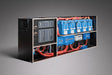 Electrical panel with blue batteries and wiring on a gray background