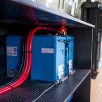 Close-up of Victron batteries and cabling inside the pre-wired Sprinter power system